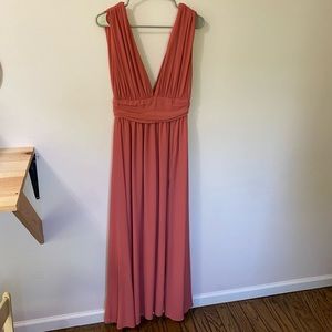 Salmon Deep V Neck Pleated Maxi Dress